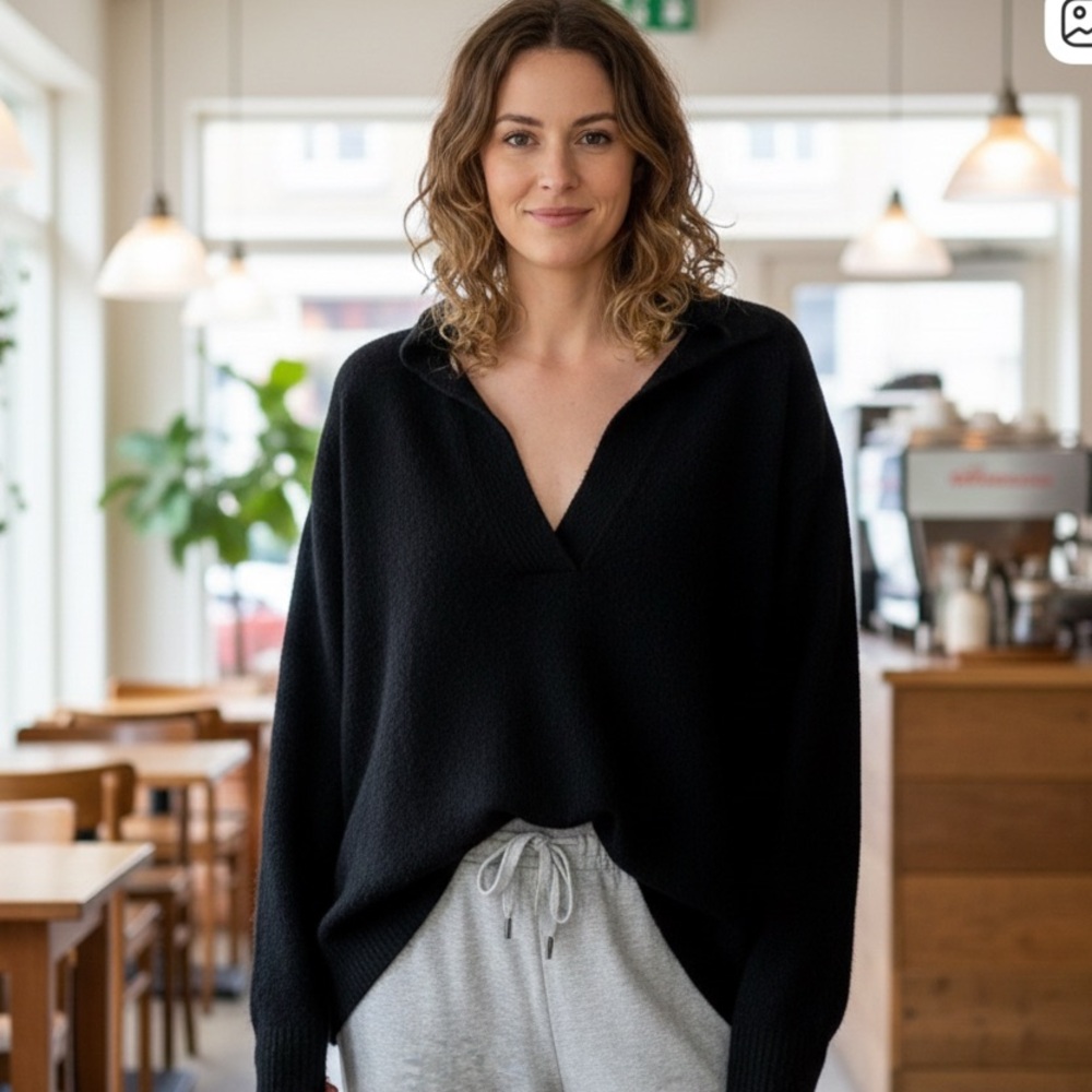 H&M Sz S Black Relaxed V Neck Sweater